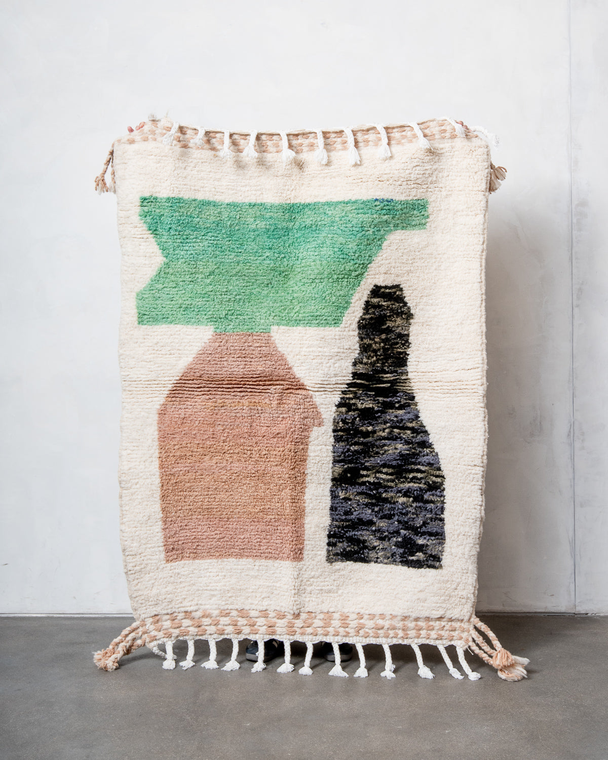 Modern, designer, handcrafted Berber rug from Morocco. Beniourain carpet with beautiful colours and patterns and fluffy wool texture.
